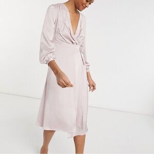 TFNC Blush Pink Satin Wrap Puff Sleeve MIDI Bridesmaid Formal Dress